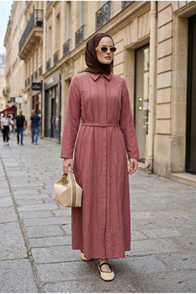 Aselim Hijap Moda Φόρεμα Lunera με πλισέ ζώνη και κουπαράκι – Ροζ