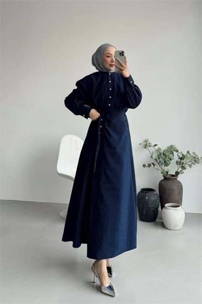 Dipmoda Γυναικείο μπλε ναυτικό φόρεμα χιτζάμπ με χρυσά κουμπιά και λεπτομέρει...