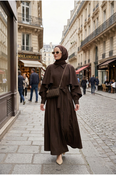 Aselim Hijap Moda Φόρεμα Aurelia με Λεπτομέρεια Κάπας από Τένσελ – Ανοιχτό Καφέ