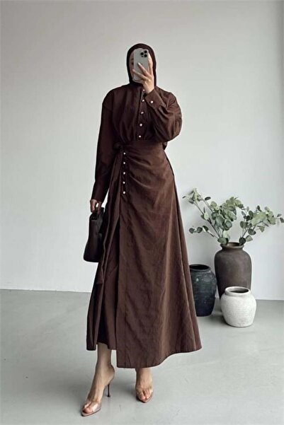 Dipmoda Γυναικείο καφέ χρυσό φόρεμα με λεπτομέρειες και κουμπιά, τύπου wrap, ...