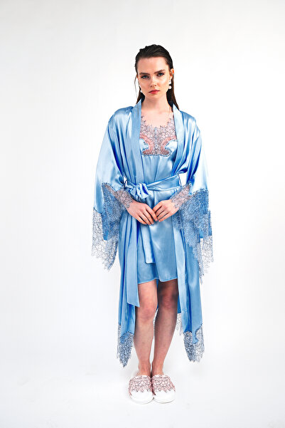 Mita Concept Blue Satin French Lace Bat Sleeve Kimono