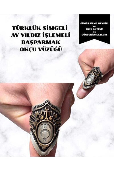 GENCER GROUP Göktürkçe Türk Yazılı Ay Yıldız İşlemeli Zihgir (Okçu) Yüzüğü