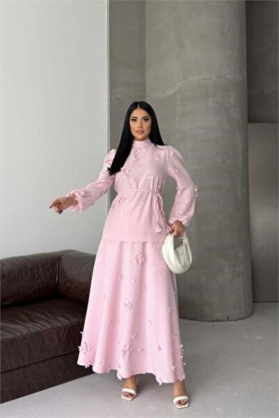 Dipmoda Γυναικείο ροζ λινό υφασμάτινο κοστούμι με απλικέ λουλούδια και φούστα...