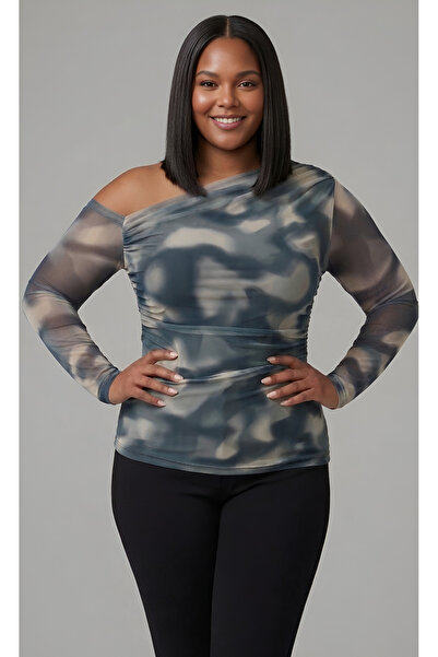 BLOUSE Büyük Beden Soyut Desenli Düşük Omuz Bluz