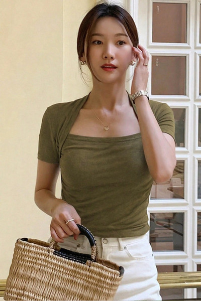 Tarz Cool Women's Khaki Swan Collar Slim Short Sleeve Fit Crop Blouse