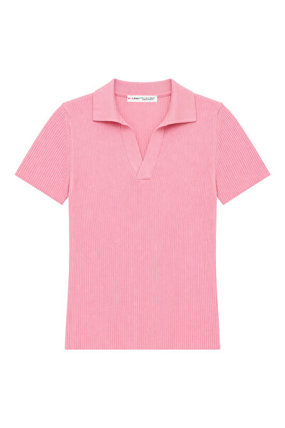 Mixray 2091 Γυναικεία πλεκτή μπλούζα με λαιμόκοψη πόλο και κοντό μανίκι, ροζ