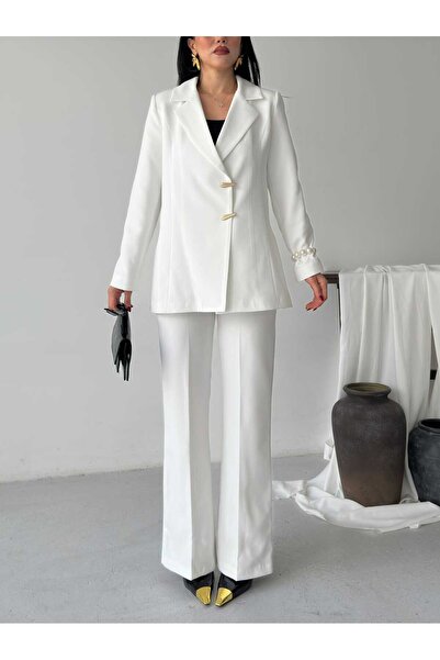 Moda İkra Σετ μπλέιζερ με φαρδύ παντελόνι με χρυσά κουμπιά