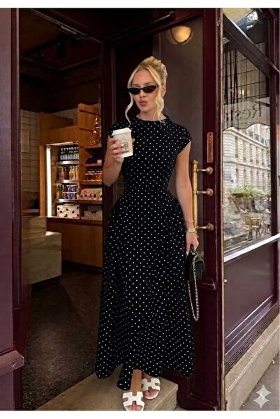 D'RECCY Μάξι φόρεμα με πουά λεπτομέρειες, πλισέ στο πλάι και όρθιο γιακά