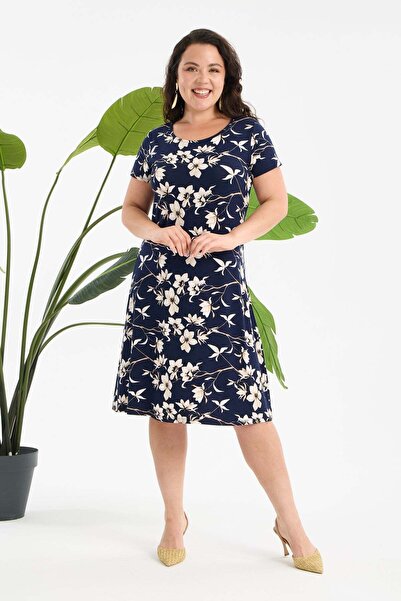 Madwilo Γυναικείο ελαστικό μίντι φόρεμα σε μπλε ναυτικό μπεζ σχέδιο με μαργαρ...