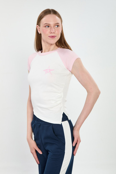 BARRELS AND OIL Γυναικείο T-Shirt με στάμπα αστερίας και κορδόνι - Εκρού