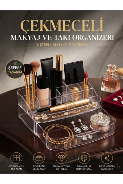 GENCHOME HOMEWARE Çekmeceli Makyaj ve Takı Organizeri Şeffaf Kozmetik Düzenle...