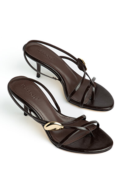 RİSSOLİ Γυναικεία πέδιλα casual με χρωματιστό καφέ δέρμα και χρυσή αγκράφα με...