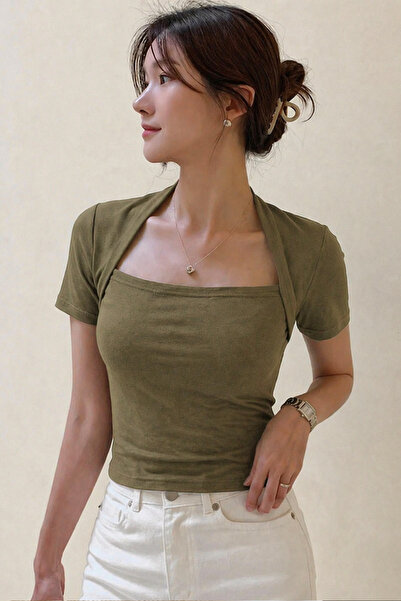 COOL TARZ Women's Khaki Swan Collar Modern Basic Crop T-Shirt – Comfortable F...