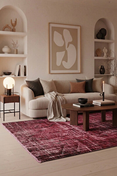 Bordo El Dokuması Vintage Salon Halısı - Eskitme Organik Yün Pamuk Türk Halısı - 154x283 cm