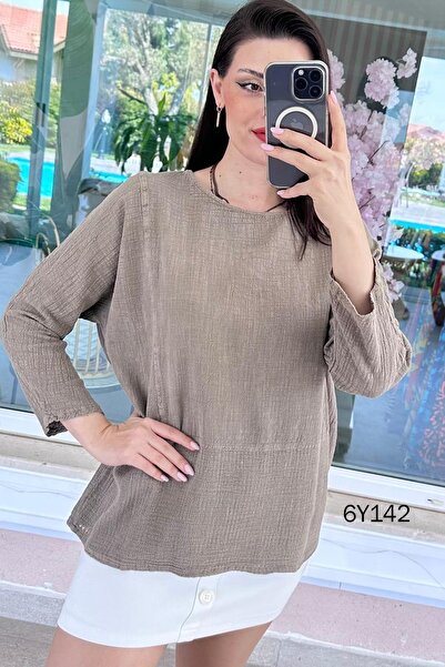 İnce Topuk Φούστα από ύφασμα καφέζ και λινή μπλούζα 6y142