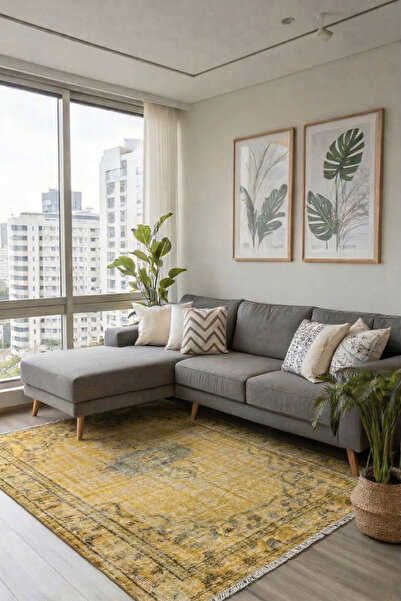 Loop Rugs Sarı El Dokuması Vintage Salon Halısı - Eskitme Organik Yün Pamuk T...