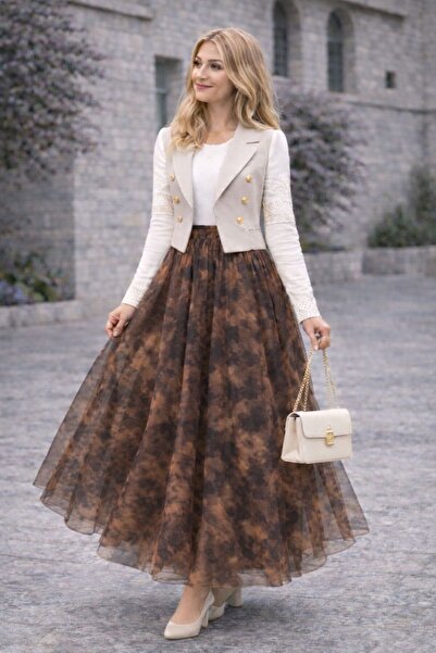 HİRA LİFE FASHİON Asymmetrical Cut Ethnic Pattern Tulle Skirt with Elastic Wa...