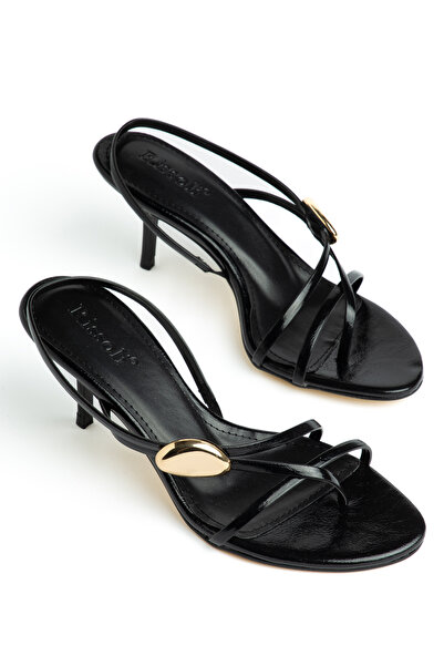 RİSSOLİ Γυναικεία μαύρα δερμάτινα πέδιλα με χιαστί λουράκια και χρυσή αγκράφα...