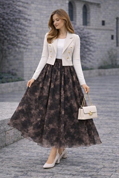 HİRA LİFE FASHİON Asymmetrical Cut Ethnic Pattern Tulle Skirt with Elastic Wa...