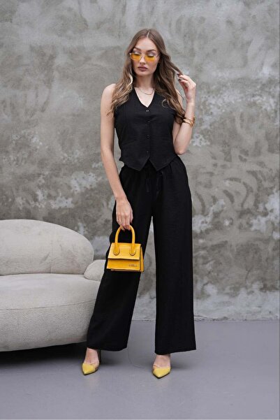 Elaxi Γυναικείο Σετ Εισαγόμενο Υφαντό Γιλέκο και Παντελόνι με Φαρδιά Μπατζάκι...