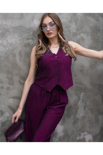 Elaxi Γυναικείο Σετ Εισαγόμενο Υφαντό Γιλέκο και Παντελόνι με Φαρδιά Μπατζάκι...