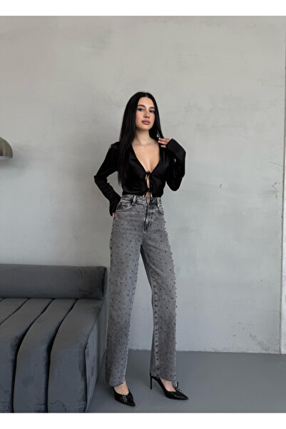 BPF Antrasit Boncuklu Yüksek Bel Mom Jeans