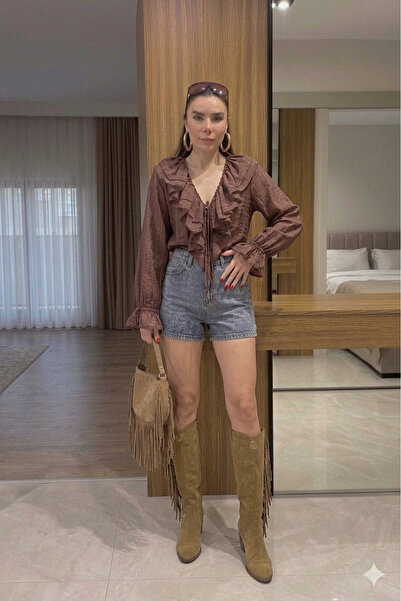 solena sln Γυναικείο πουκάμισο σε καφέ χρώμα με σχέδιο βολάν