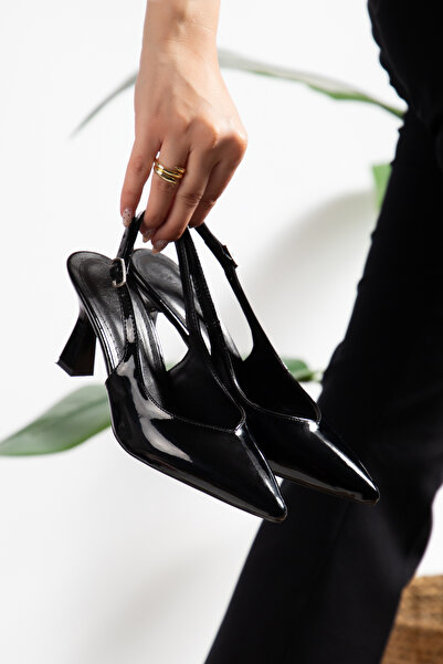 PLN SHOES Women's Black Patent Leather Back Strap Pointed Toe Mid Heel Shoes 8cm