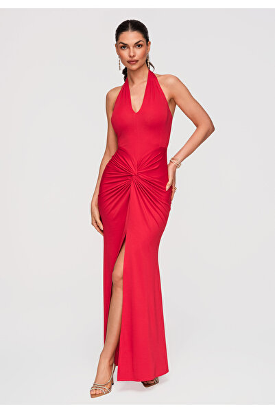 Larica Damen Maxikleid Neckholder Abendkleid Figurbetont LA-OM-DLR342 Rot