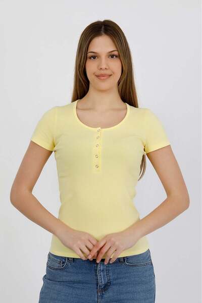 HDM Women's Stretchy Ribbed Collar with Snap Buttons Yellow Short Sleeve Basic Knitted Blouse - H5993