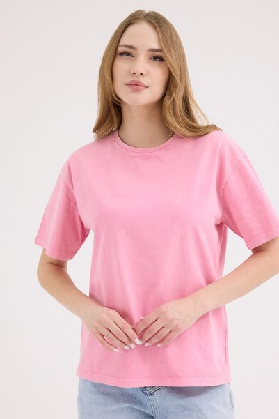 cracpot Kadın PEMBE Yıkamalı Basic Regular Fit Tişört – %100 Pamuk Vintage Görünümlü