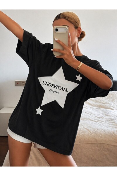 SERBA Γυναικείο T-Shirt Oversize με στάμπα αστεριών σε μαύρο χρώμα