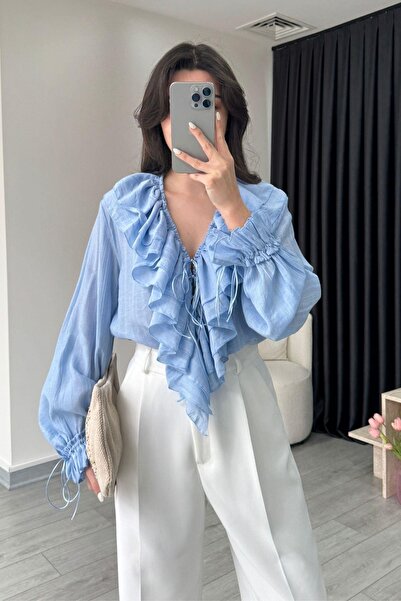 solena sln Women's Blue V-Neck Ruffle Detailed Shirt