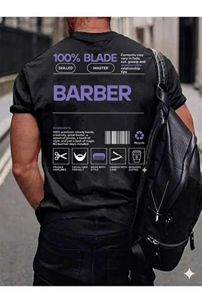 Etoile Studio "100% Blade Barber" Black Men's T-Shirt with Content Label Desi...
