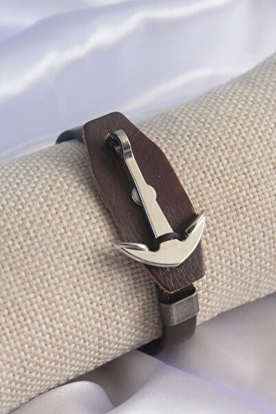 norsary Brown Leather Model Silver Color Anchor Figure Men's Bracelet