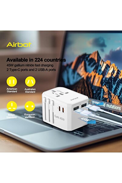 Airbot Air-308MAX Universal Travel Plug Adapter 45W, International Travel Worldwide Multi Adapter with USB + Type-C PD, Power Socket Charger for Multi Countries