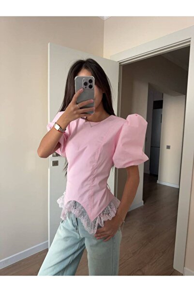 FLOWERİNG Γυναικεία ροζ μπλούζα με δαντέλα στο τελείωμα και δέσιμο στην πλάτη