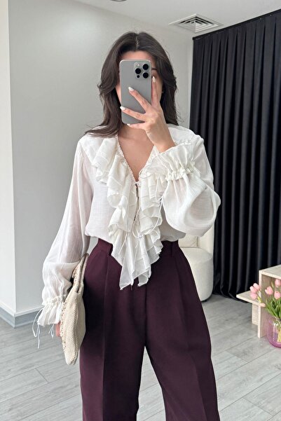 solena sln Γυναικείο πουκάμισο με λευκό βολάν σχέδιο