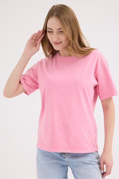 cracpot Kadın PEMBE Yıkamalı Basic Regular Fit Tişört – %100 Pamuk Vintage Görünümlü