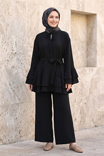 FERHEL Γυναικείο Μαύρο Σετ Παντελονιού με Λεπτομέρεια Βολάν και Δέσιμο με Κορ...