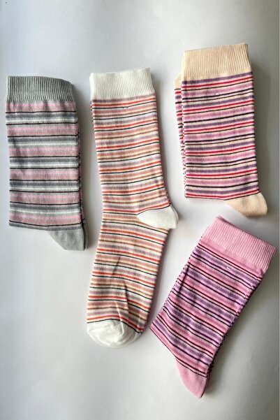 Admera 4'lü Uzun Renkli İnce Çizgili Pamuklu Yumuşak Günlük Unisex Çorap Seti