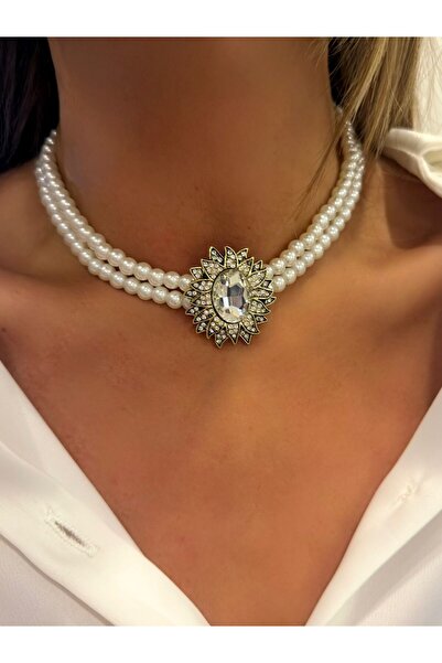 BYYEŞO Zirkon Taş Detay Oval Kesim İnci Choker Kolye (Premium)
