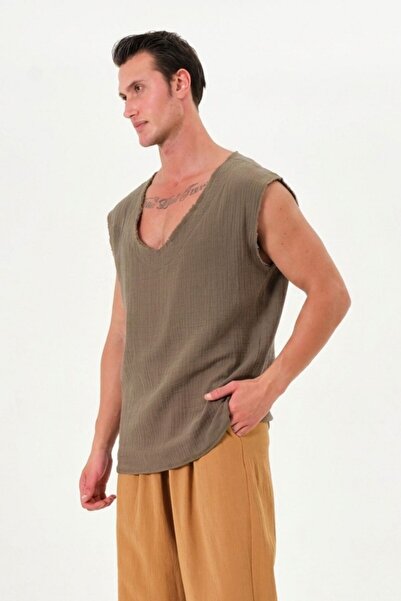 RELAXL Μεγάλο μέγεθος 100% βαμβακερό μουσελίνα αμάνικο μπλουζάκι χακί για δια...