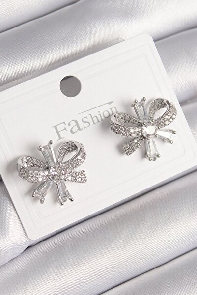 norsary Brass Silver Color Zircon Stone Bow Model Women's Earrings