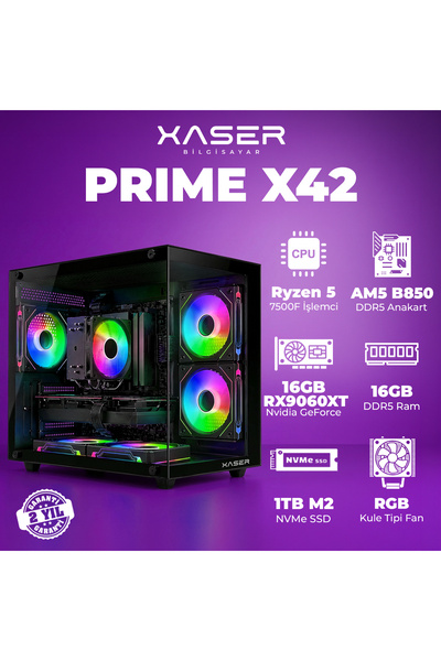 XASER Prime x42 Ryzen 5 7500F 16GB DDR5 Ram 1TB M.2 NVMe SSD 16GB RX9060XT Ma...