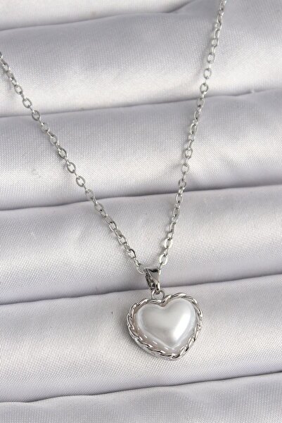 norsary 316L Steel Silver Color Chain 3D Pearl Heart Model Women's Necklace