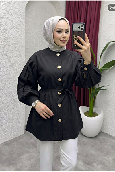 HİFADEN Women's Belted Gold Embellished Buttoned Balloon Pleated Sleeve Hijab...