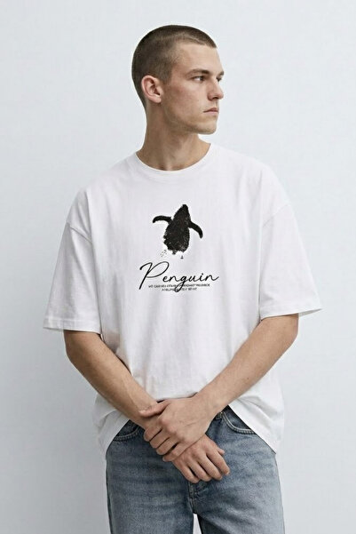 MATERIAL Ανδρικό καλοκαιρινό μπλουζάκι με στάμπα Penguin, λευκό oversize