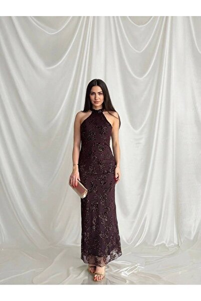 Roserella Tekstil PER Simli Maxi Elbise - Acı Kahve