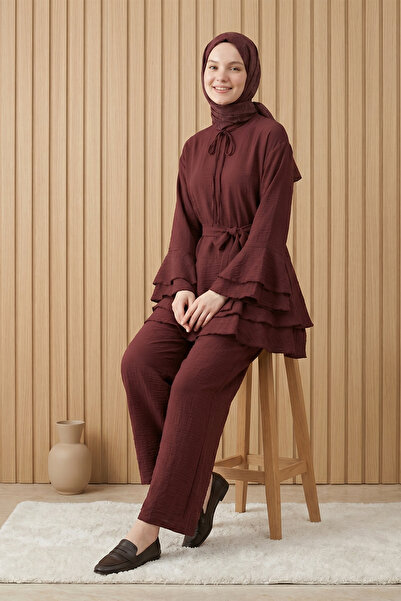 FERHEL Γυναικείο Σετ Παντελονιού με Λεπτομέρεια Volan και Δαντέλα - Βουργουνδί